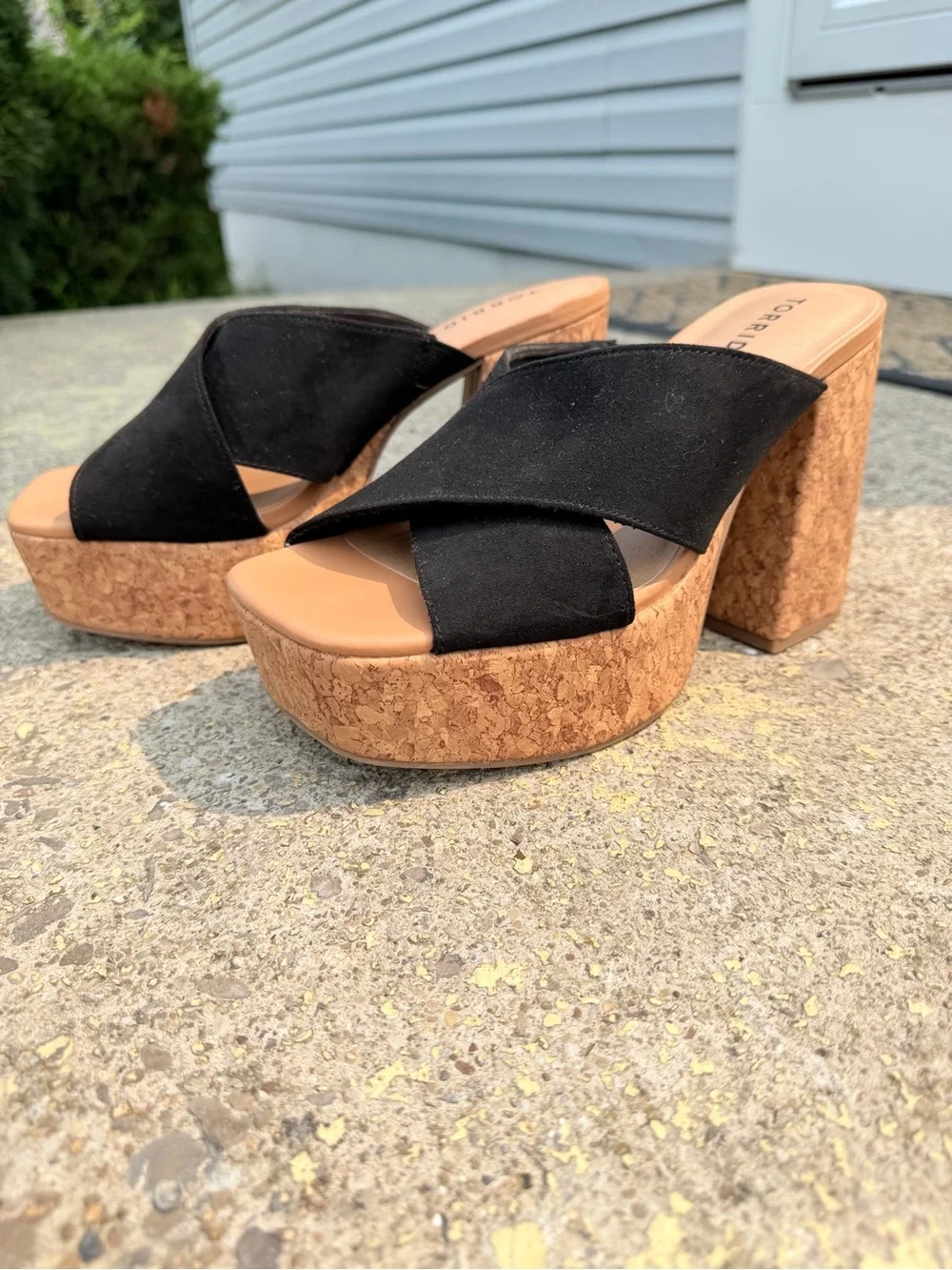 Platform Cork Block Heel Mules in Black